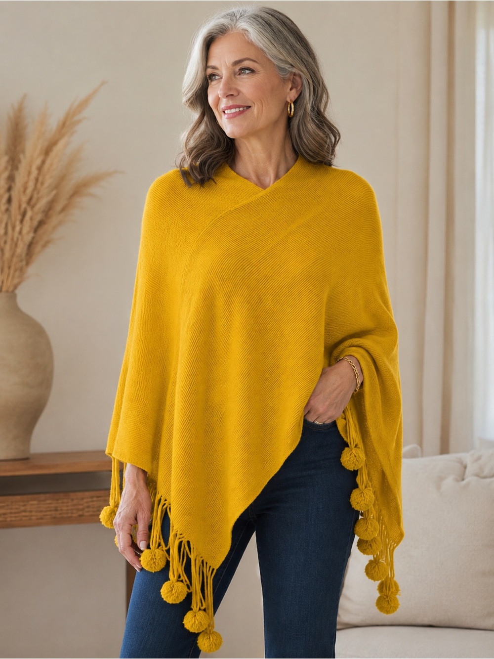 Mustard Yellow Pom-Pom Knit Poncho - One Size